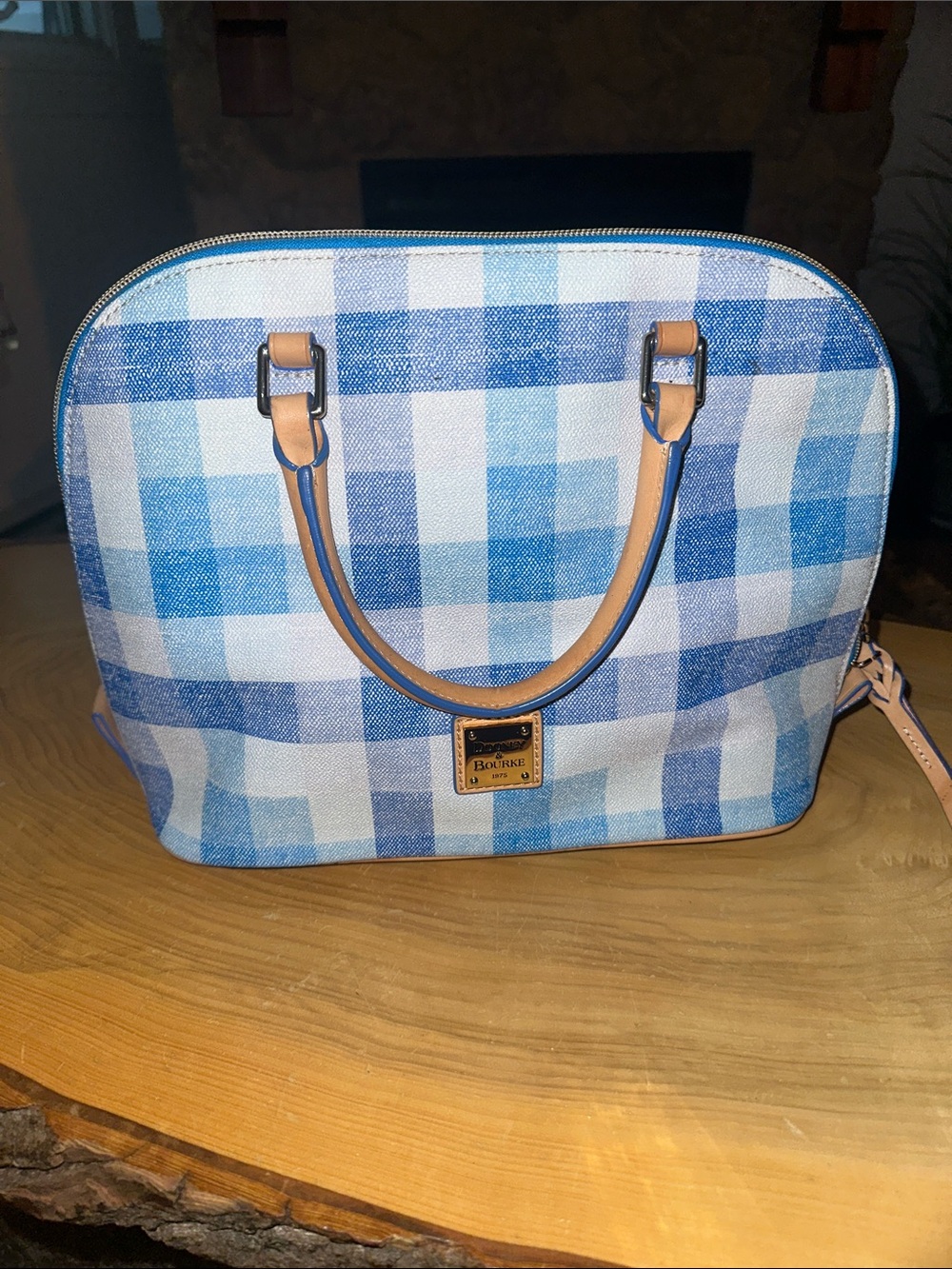Dooney & Bourke Blue and White Gingham Dome Satchel with Tan Trim NWOT
